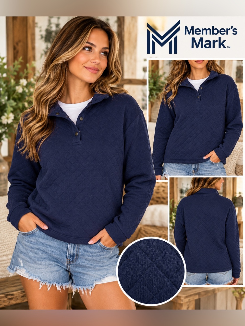 Lands End Navy Quilted Pullover